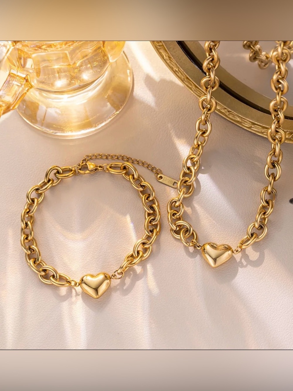 Gold Heart Link Necklace and Bracelet Set - Women Jewelry Stainless Steel